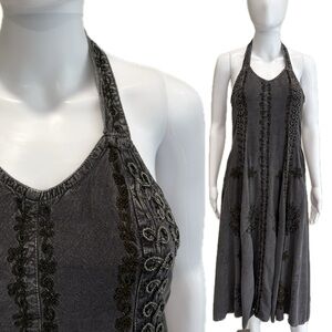 Embroidered Halter Sundress Size Small Sun Faded Charcoal Wash Midi Dress Grunge